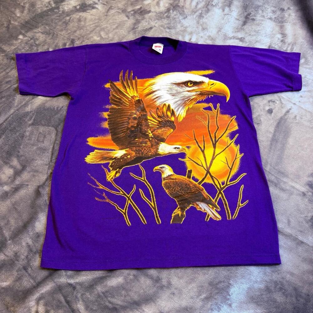 VTG 80s 90s Jerzees Bald Eagle Graphic T-Shirt Sz M Purple Made in USA